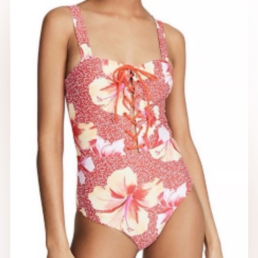 Onia Coral & Yellow Floral Hibiscus Front Lace-Up One-Piece Swimsuit
